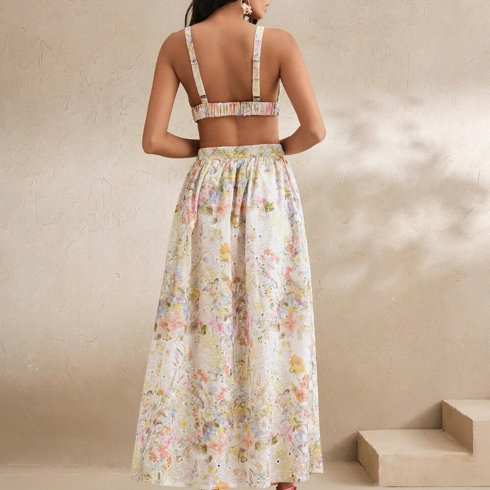 Multicolor Elegant Floral Women's Sexy Camisole Top & Long Skirt Set - Picture 2 of 7